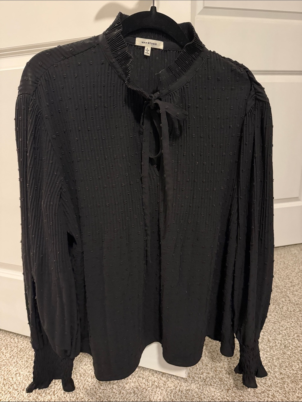 Max Studio Black Swiss Dot Tie-Neck Long Sleeve Blouse